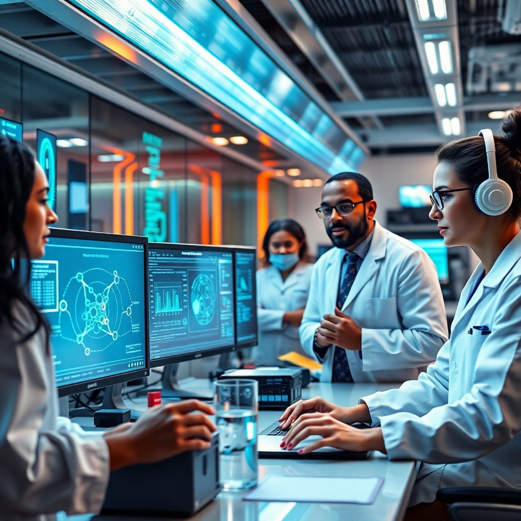 A futuristic laboratory with diverse researchers collaborating on AI algorithms. Display advanced computer screens showing neural networks, big data analysis, and AI models being trained. Include elements of diversity, technology, and innovation to represent inclusivity in tech research.