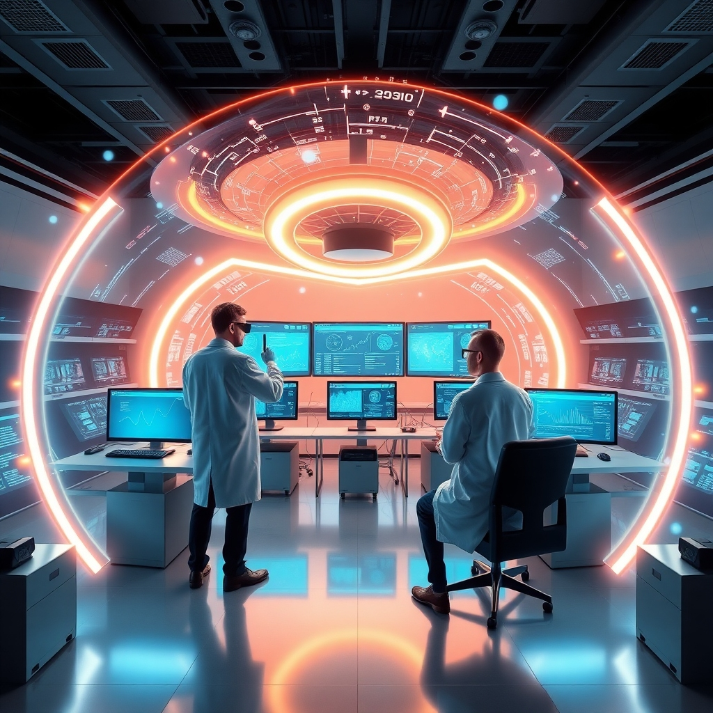 A visually striking VR/AR lab. Surround it with glowing AR elements in a visually captivating sphere, scientists in lab coats analyzing data on screens.